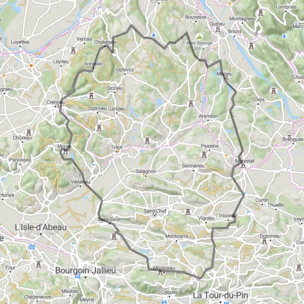 Map miniature of "The Château Route" cycling inspiration in Rhône-Alpes, France. Generated by Tarmacs.app cycling route planner