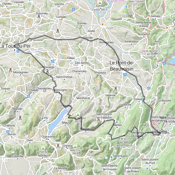 Miniature de la carte de l'inspiration cycliste "Boucle Tour-du-Pin" dans la Rhône-Alpes, France. Générée par le planificateur d'itinéraire cycliste Tarmacs.app