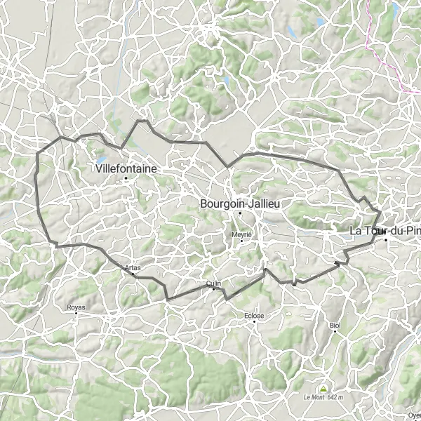 Miniatua del mapa de inspiración ciclista "Ruta de 89 km a través de Succieu y Montcarra" en Rhône-Alpes, France. Generado por Tarmacs.app planificador de rutas ciclistas