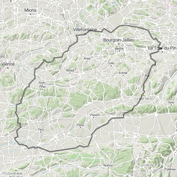 Zemljevid v pomanjšavi "Doživetje kolesarjenja v okolici La Tour-du-Pin" kolesarske inspiracije v Rhône-Alpes, France. Generirano z načrtovalcem kolesarskih poti Tarmacs.app