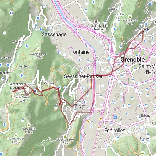 Mapa miniatúra "Gravel Okolo Grenoblu 2" cyklistická inšpirácia v Rhône-Alpes, France. Vygenerované cyklistickým plánovačom trás Tarmacs.app