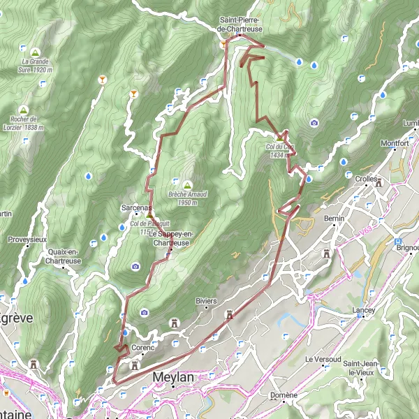 Miniatura della mappa di ispirazione al ciclismo "Gravel Route to Saint-Pierre-de-Chartreuse" nella regione di Rhône-Alpes, France. Generata da Tarmacs.app, pianificatore di rotte ciclistiche
