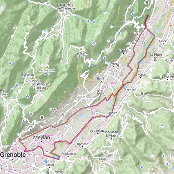 Map miniature of "Gravel Tour through Villard-Bonnot and Froges" cycling inspiration in Rhône-Alpes, France. Generated by Tarmacs.app cycling route planner