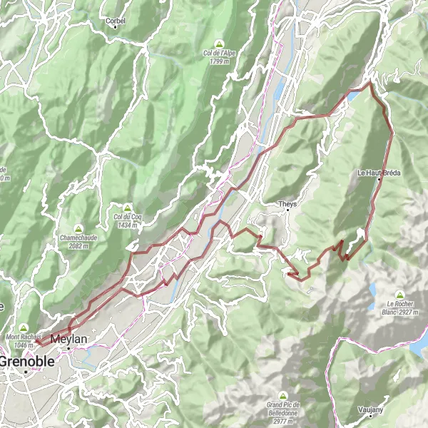 Miniatua del mapa de inspiración ciclista "Ruta de ciclismo de grava por Allevard" en Rhône-Alpes, France. Generado por Tarmacs.app planificador de rutas ciclistas