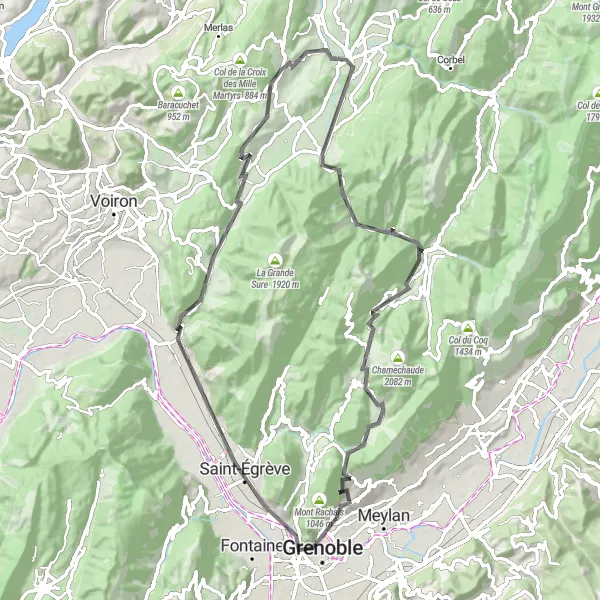 Miniaturní mapa "Cyklistická trasa kolem Grenoble" inspirace pro cyklisty v oblasti Rhône-Alpes, France. Vytvořeno pomocí plánovače tras Tarmacs.app