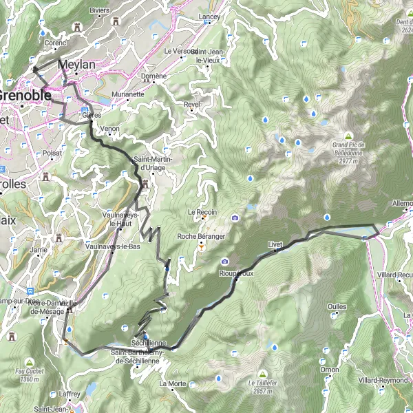 Kartminiatyr av "Lang landeveissykkeltur med spektakulære utsikter" sykkelinspirasjon i Rhône-Alpes, France. Generert av Tarmacs.app sykkelrutoplanlegger