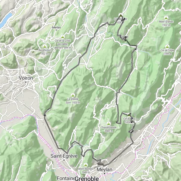 Kartminiatyr av "Alpvägar och Utsiktspunkter" cykelinspiration i Rhône-Alpes, France. Genererad av Tarmacs.app cykelruttplanerare