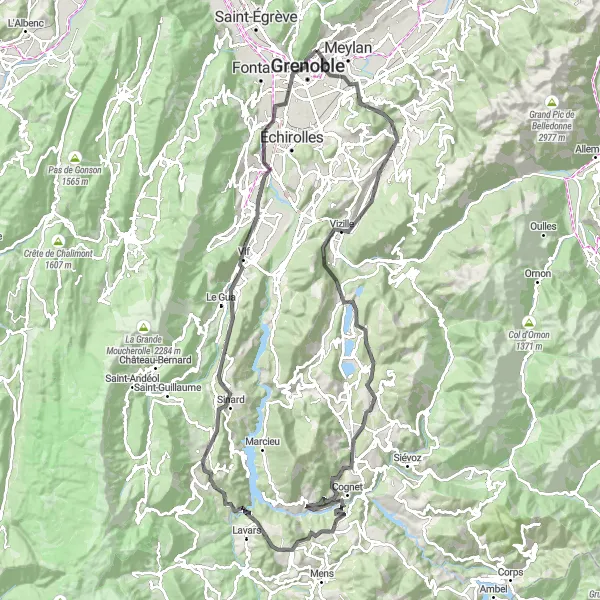 Zemljevid v pomanjšavi "Raznolika pot od La Tronche do Vizille" kolesarske inspiracije v Rhône-Alpes, France. Generirano z načrtovalcem kolesarskih poti Tarmacs.app