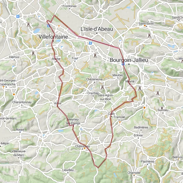Karttaminiaatyyri "Gravel kierros La Verpillière lähistöllä" pyöräilyinspiraatiosta alueella Rhône-Alpes, France. Luotu Tarmacs.app pyöräilyreittisuunnittelijalla