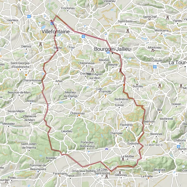 Miniatua del mapa de inspiración ciclista "Ruta de Grava por Bourgoin-Jallieu y Villefontaine" en Rhône-Alpes, France. Generado por Tarmacs.app planificador de rutas ciclistas