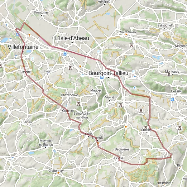 Karttaminiaatyyri "La Verpillière - Bourgoin-Jallieu - Succieu - Culin - Villefontaine" pyöräilyinspiraatiosta alueella Rhône-Alpes, France. Luotu Tarmacs.app pyöräilyreittisuunnittelijalla