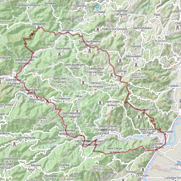 Kartminiatyr av "Utforsk Les Ollières-sur-Eyrieux og Lamastre" sykkelinspirasjon i Rhône-Alpes, France. Generert av Tarmacs.app sykkelrutoplanlegger