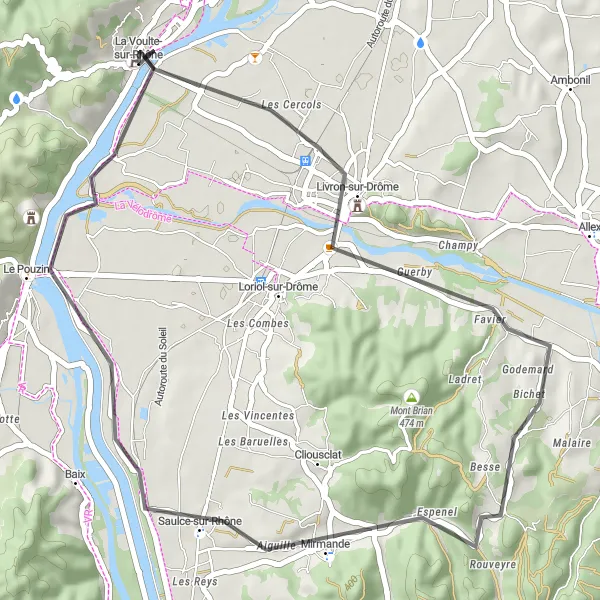 Karttaminiaatyyri "La Voulte-sur-Rhône - Mirmande Cycle Route" pyöräilyinspiraatiosta alueella Rhône-Alpes, France. Luotu Tarmacs.app pyöräilyreittisuunnittelijalla