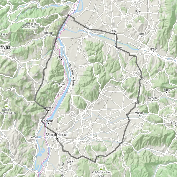 Kartminiatyr av "La Voulte-sur-Rhône til Montélimar" sykkelinspirasjon i Rhône-Alpes, France. Generert av Tarmacs.app sykkelrutoplanlegger