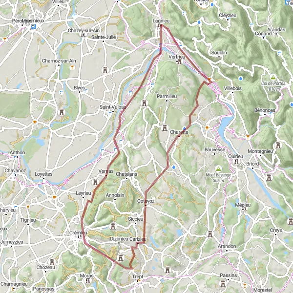 Miniatua del mapa de inspiración ciclista "Ruta de ciclismo de grava cerca de Lagnieu" en Rhône-Alpes, France. Generado por Tarmacs.app planificador de rutas ciclistas