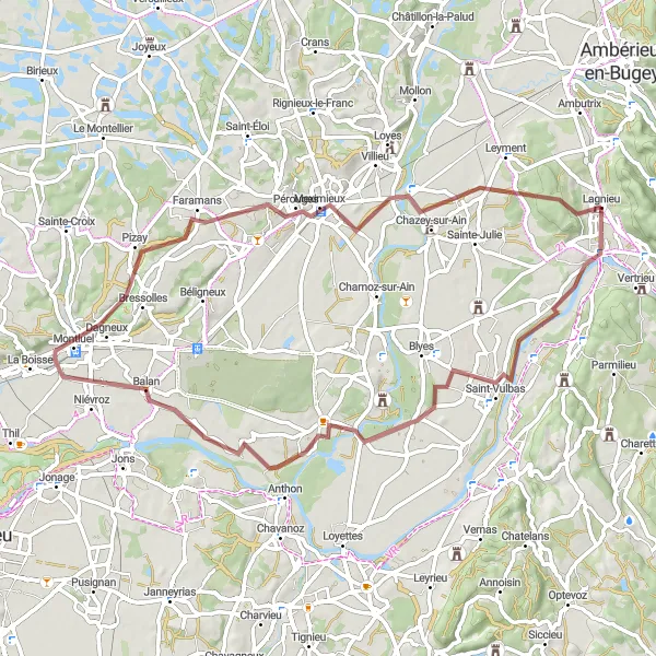 Miniatua del mapa de inspiración ciclista "Ruta de ciclismo de ida y vuelta desde Lagnieu por caminos de grava" en Rhône-Alpes, France. Generado por Tarmacs.app planificador de rutas ciclistas