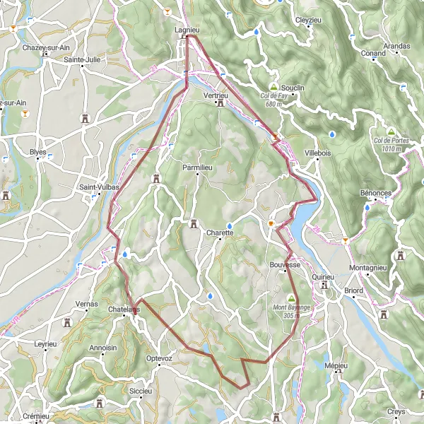 Map miniature of "Challenging Gravel Adventure near Lagnieu" cycling inspiration in Rhône-Alpes, France. Generated by Tarmacs.app cycling route planner