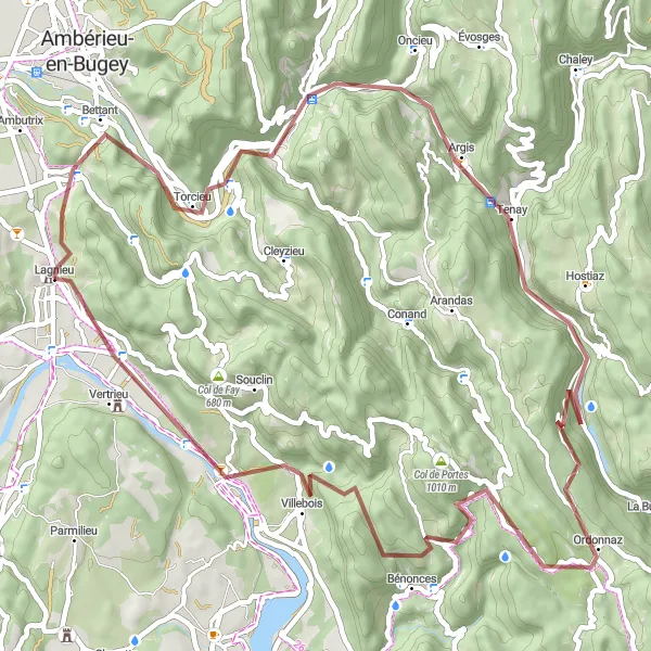 Miniatua del mapa de inspiración ciclista "Ruta de ciclismo de ida y vuelta desde Lagnieu por caminos de grava" en Rhône-Alpes, France. Generado por Tarmacs.app planificador de rutas ciclistas