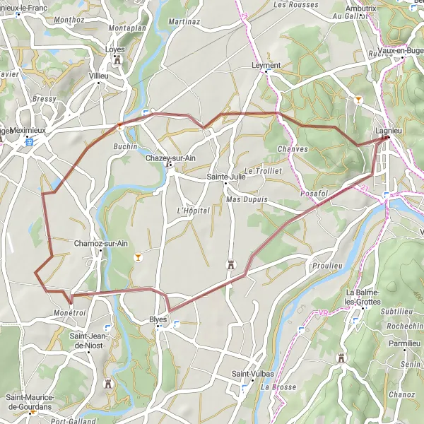 Mapa miniatúra "Gravelová trasa cez Blyes" cyklistická inšpirácia v Rhône-Alpes, France. Vygenerované cyklistickým plánovačom trás Tarmacs.app