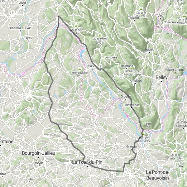 Miniature de la carte de l'inspiration cycliste "Les Collines de l'Isle Crémieu" dans la Rhône-Alpes, France. Générée par le planificateur d'itinéraire cycliste Tarmacs.app