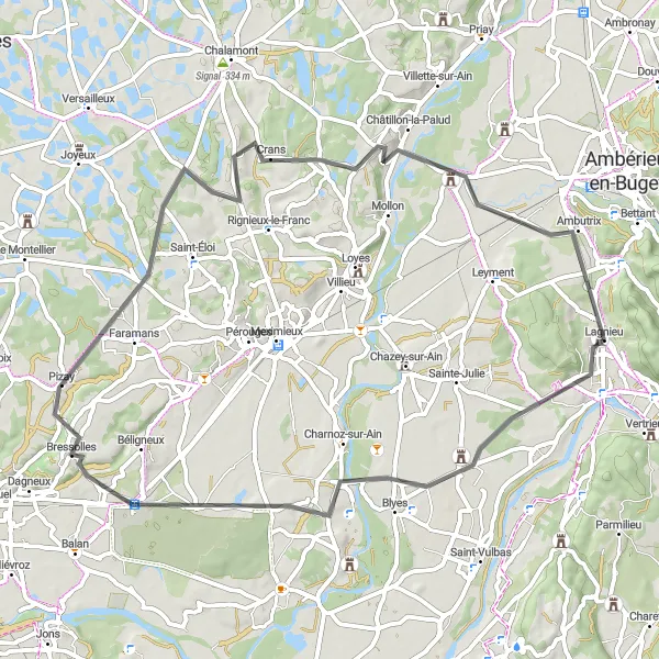 Miniature de la carte de l'inspiration cycliste "Les boucles de la vallée de l'Ain" dans la Rhône-Alpes, France. Générée par le planificateur d'itinéraire cycliste Tarmacs.app