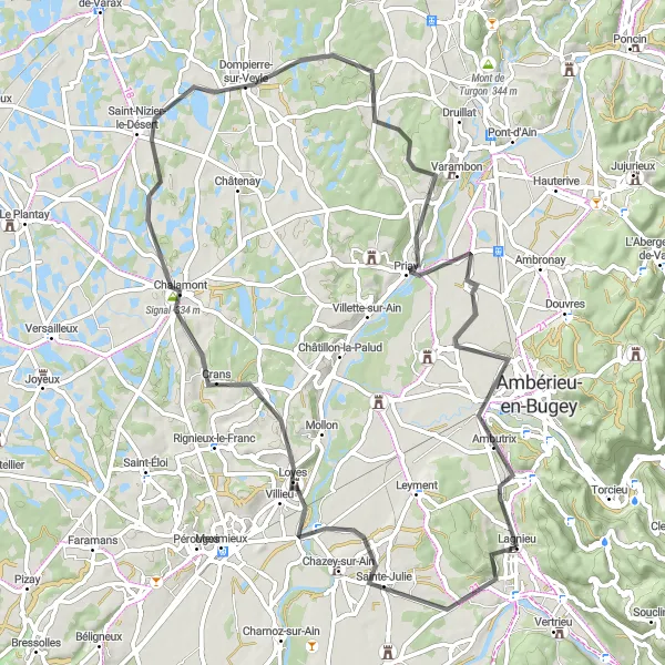 Miniatura della mappa di ispirazione al ciclismo "Giro in bicicletta verso Dompierre-sur-Veyle" nella regione di Rhône-Alpes, France. Generata da Tarmacs.app, pianificatore di rotte ciclistiche