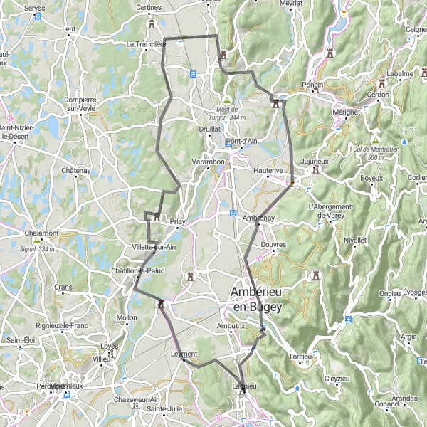 Kartminiatyr av "Opplev Ambérieu-en-Bugey og omgivelsene" sykkelinspirasjon i Rhône-Alpes, France. Generert av Tarmacs.app sykkelrutoplanlegger