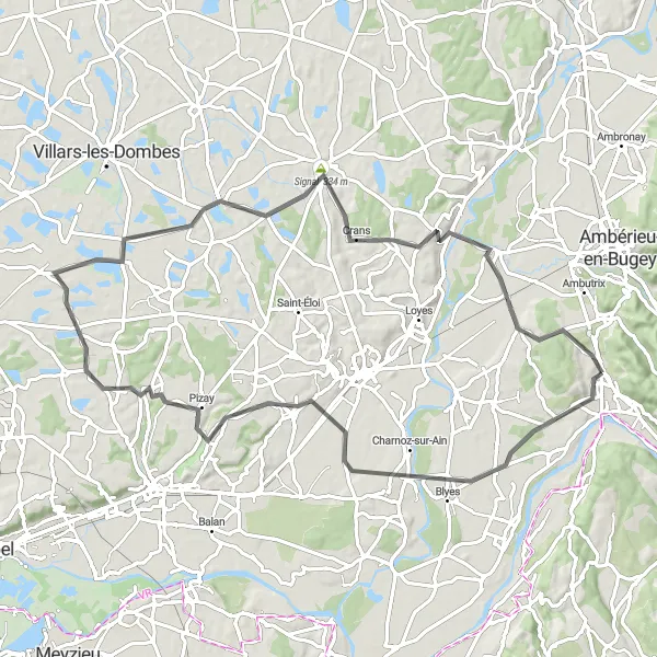 Kartminiatyr av "Landsvägscykling i Rhône-Alpes" cykelinspiration i Rhône-Alpes, France. Genererad av Tarmacs.app cykelruttplanerare