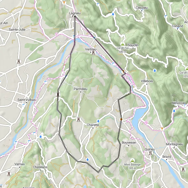 Zemljevid v pomanjšavi "Potep vzdolž cestnega kolesarskega koridorja" kolesarske inspiracije v Rhône-Alpes, France. Generirano z načrtovalcem kolesarskih poti Tarmacs.app