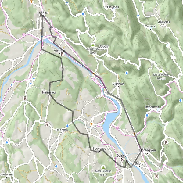 Map miniature of "Montalieu-Vercieu Loop" cycling inspiration in Rhône-Alpes, France. Generated by Tarmacs.app cycling route planner