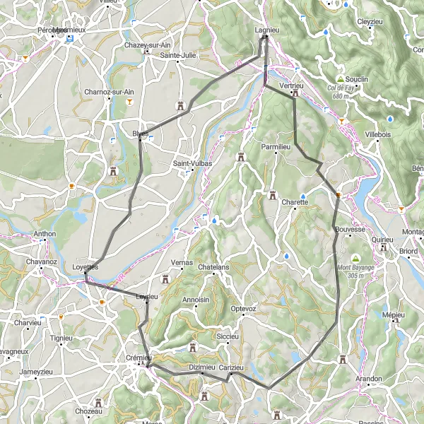 Miniature de la carte de l'inspiration cycliste "Boucle de Vertrieu à Lagnieu" dans la Rhône-Alpes, France. Générée par le planificateur d'itinéraire cycliste Tarmacs.app