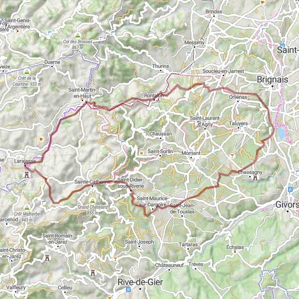 Miniature de la carte de l'inspiration cycliste "Exploration des sentiers cachés près de Larajasse" dans la Rhône-Alpes, France. Générée par le planificateur d'itinéraire cycliste Tarmacs.app