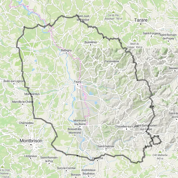 Zemljevid v pomanjšavi "Cestna pustolovščina okoli Larajasse" kolesarske inspiracije v Rhône-Alpes, France. Generirano z načrtovalcem kolesarskih poti Tarmacs.app