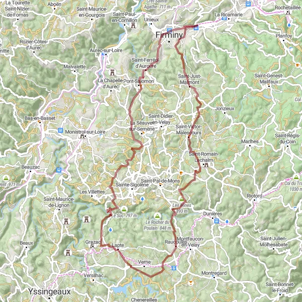 Zemljevid v pomanjšavi "Gravel pot od Saint-Just-Malmont do Firminy" kolesarske inspiracije v Rhône-Alpes, France. Generirano z načrtovalcem kolesarskih poti Tarmacs.app