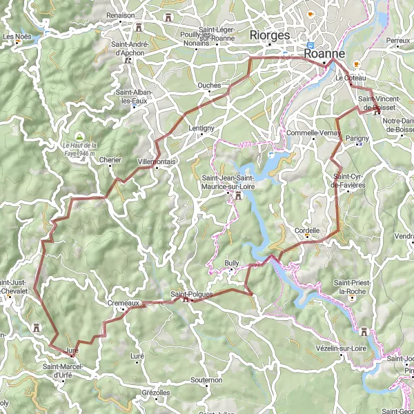 Miniatura della mappa di ispirazione al ciclismo "Avventura in bicicletta tra Le Coteau e Cherier" nella regione di Rhône-Alpes, France. Generata da Tarmacs.app, pianificatore di rotte ciclistiche