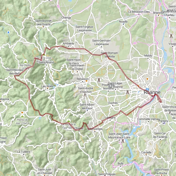 Mapa miniatúra "Gravelová trasa kolem Ambierle" cyklistická inšpirácia v Rhône-Alpes, France. Vygenerované cyklistickým plánovačom trás Tarmacs.app