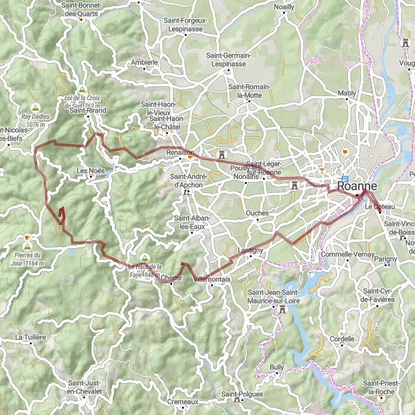 Karten-Miniaturansicht der Radinspiration "Rund um Lentigny und Saint-Léger-sur-Roanne" in Rhône-Alpes, France. Erstellt vom Tarmacs.app-Routenplaner für Radtouren