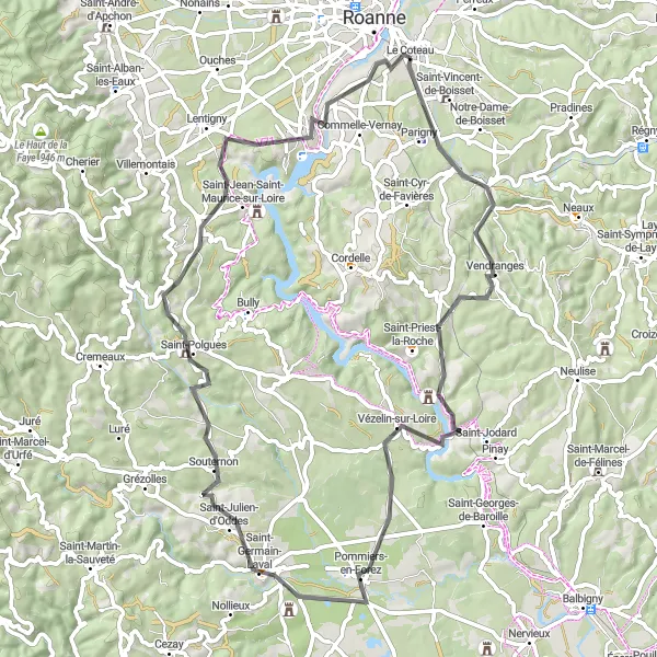 Mapa miniatúra "Silniční trasa přes Pommiers-en-Forez" cyklistická inšpirácia v Rhône-Alpes, France. Vygenerované cyklistickým plánovačom trás Tarmacs.app
