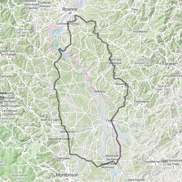 Mapa miniatúra "Okruh s 133 km pre cestné bicykle z Le Coteau" cyklistická inšpirácia v Rhône-Alpes, France. Vygenerované cyklistickým plánovačom trás Tarmacs.app