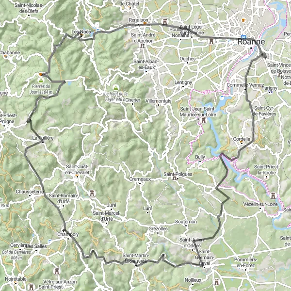Miniature de la carte de l'inspiration cycliste "Parcours sportif à travers le Roannais" dans la Rhône-Alpes, France. Générée par le planificateur d'itinéraire cycliste Tarmacs.app