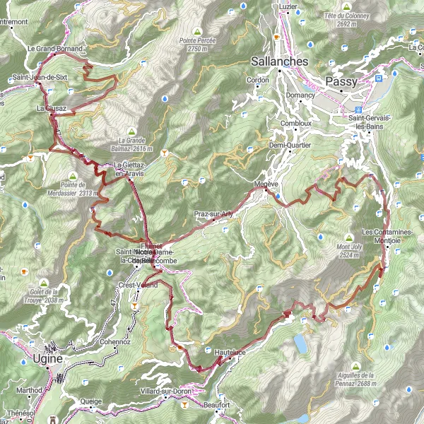 Miniatua del mapa de inspiración ciclista "Aventura Gravel en Le Grand-Bornand" en Rhône-Alpes, France. Generado por Tarmacs.app planificador de rutas ciclistas