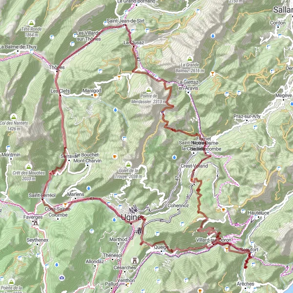 Map miniature of "La Clusaz - Col de la Forclaz loop" cycling inspiration in Rhône-Alpes, France. Generated by Tarmacs.app cycling route planner