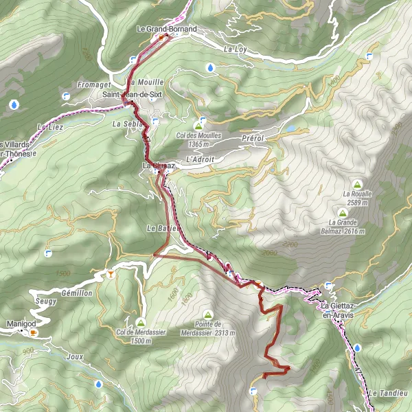 Map miniature of "The Aravis Gravel Loop" cycling inspiration in Rhône-Alpes, France. Generated by Tarmacs.app cycling route planner