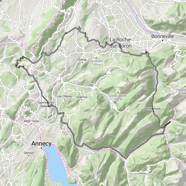 Map miniature of "Grand Bornand Scenic Road Loop" cycling inspiration in Rhône-Alpes, France. Generated by Tarmacs.app cycling route planner