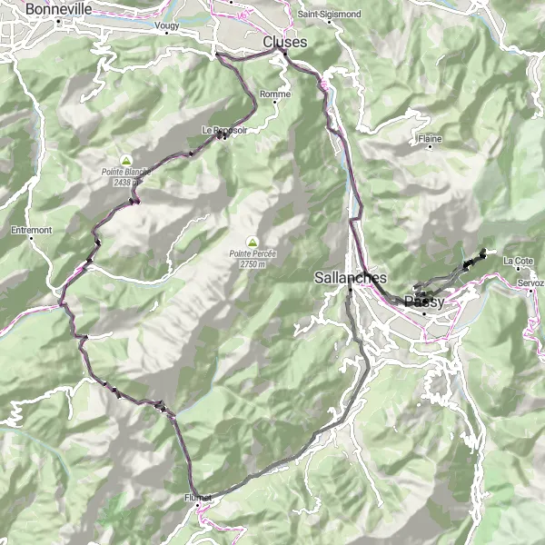 Map miniature of "Col de la Colombière and Aravis Challenge" cycling inspiration in Rhône-Alpes, France. Generated by Tarmacs.app cycling route planner