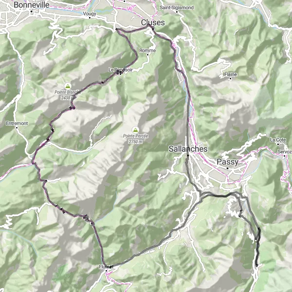 Miniatura della mappa di ispirazione al ciclismo "Itinerario ciclistico su strada con panorama su Les Faux e Col de la Colombière" nella regione di Rhône-Alpes, France. Generata da Tarmacs.app, pianificatore di rotte ciclistiche