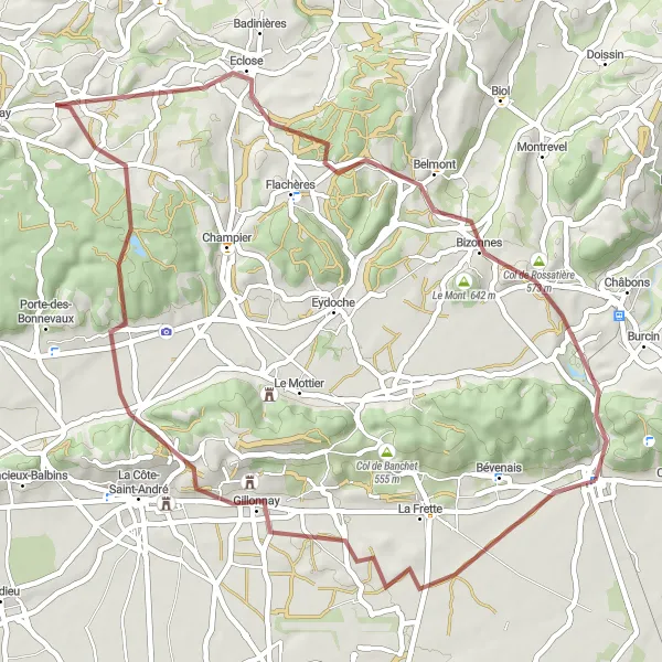 Miniatura della mappa di ispirazione al ciclismo "Giro in bicicletta intorno a Le Grand-Lemps" nella regione di Rhône-Alpes, France. Generata da Tarmacs.app, pianificatore di rotte ciclistiche