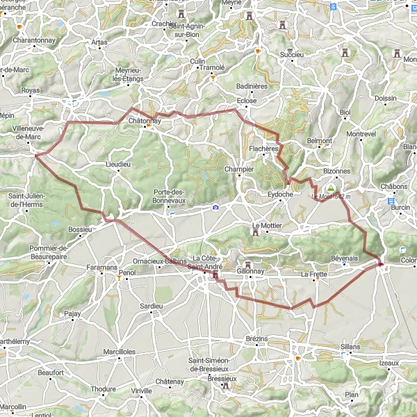 Miniatura della mappa di ispirazione al ciclismo "Giro in bicicletta su ghiaia tra le colline francesi" nella regione di Rhône-Alpes, France. Generata da Tarmacs.app, pianificatore di rotte ciclistiche