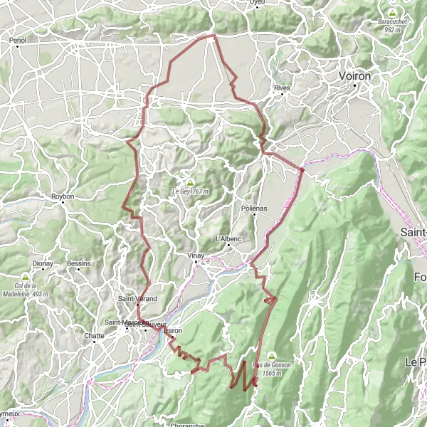 Miniatua del mapa de inspiración ciclista "Desafío de Grava con Vistas en Rhône-Alpes" en Rhône-Alpes, France. Generado por Tarmacs.app planificador de rutas ciclistas