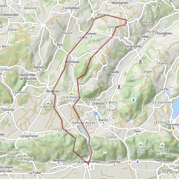 Miniatua del mapa de inspiración ciclista "Aventura en Grava desde Le Grand-Lemps hasta Le Mont" en Rhône-Alpes, France. Generado por Tarmacs.app planificador de rutas ciclistas